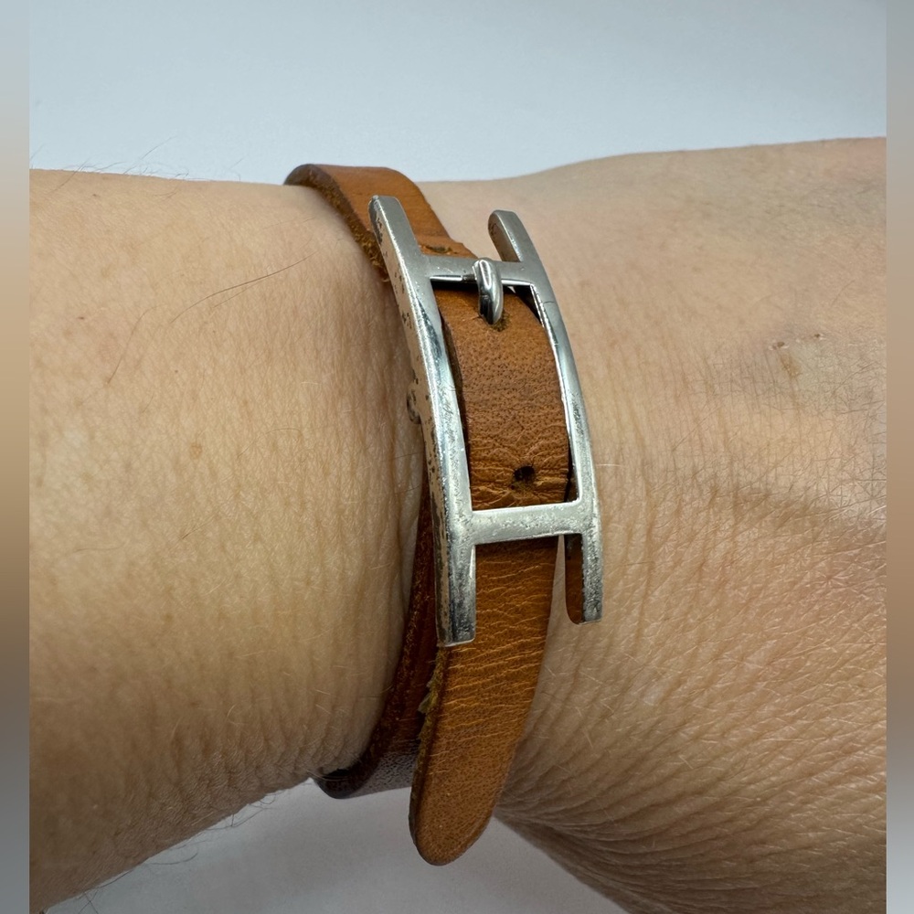Hermès Behapi Silver and Brown Leather Bracelet
